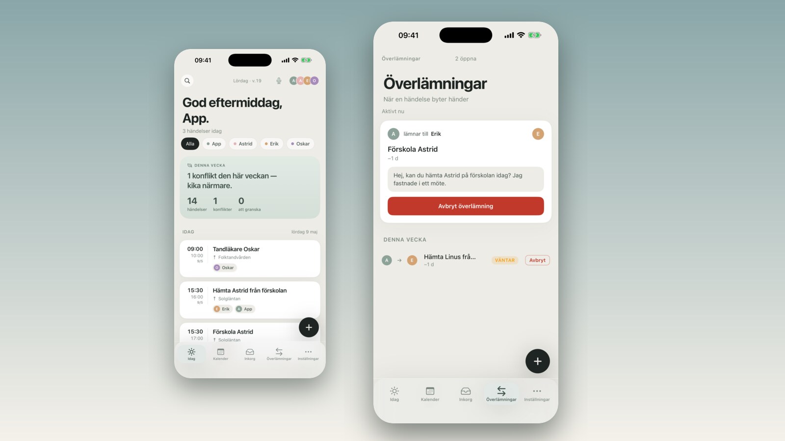 Skjermbilde av iMessage-tråd med ferdigskrevet tekst for en FamilyBoard-overlevering