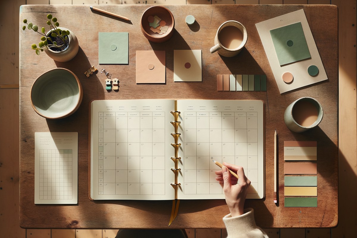 Hands arranging colored cards on a wooden table