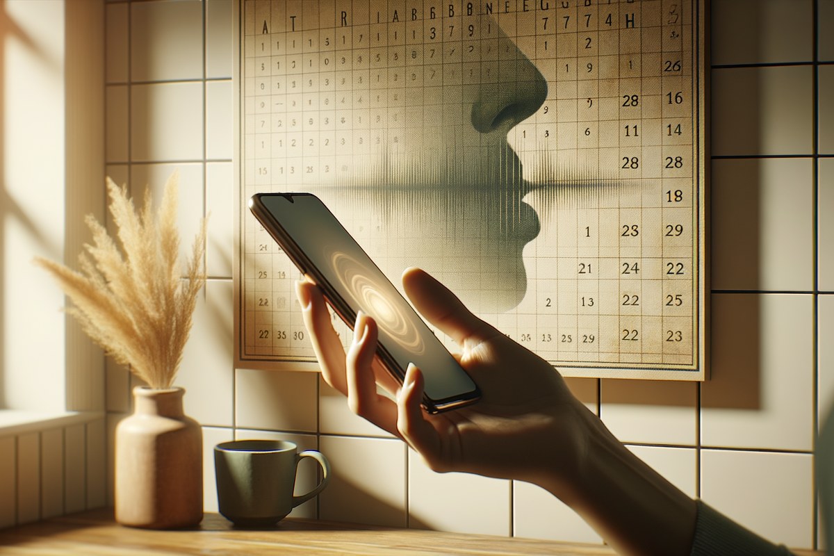 Close-up of a person speaking into a phone with sound waveform