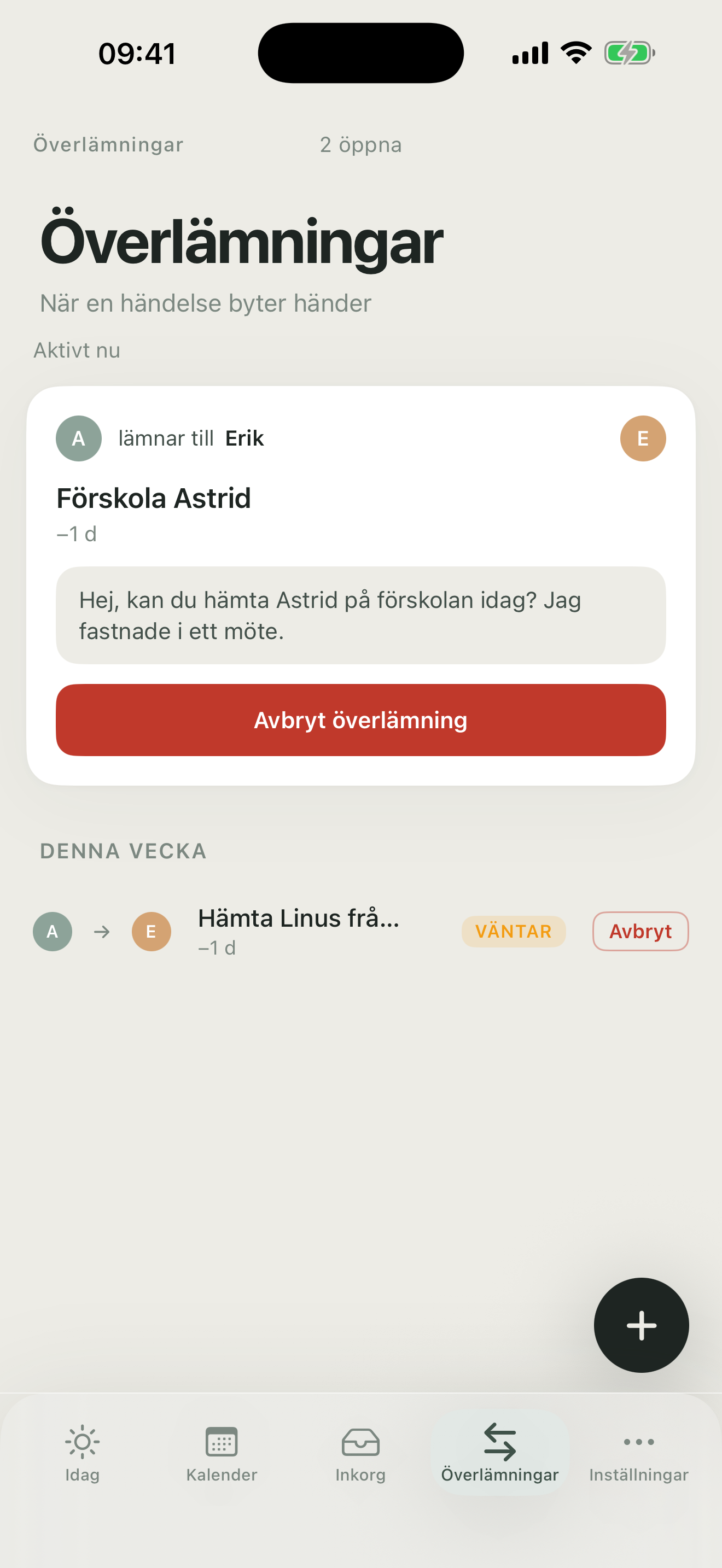 FamilyBoard Överlämningar med pending och accepterade aktiviteter